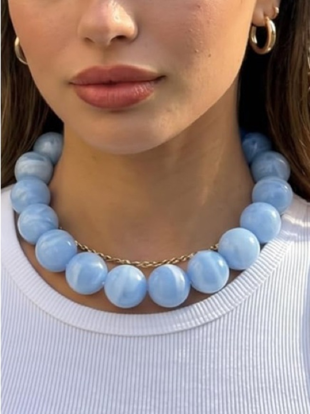 New! Light Blue Beaded Marbled Statement Necklace